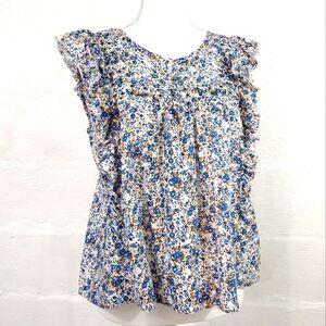 Abercrombie & Fitch Blue and Tan Floral Ruffle Sleeve Top